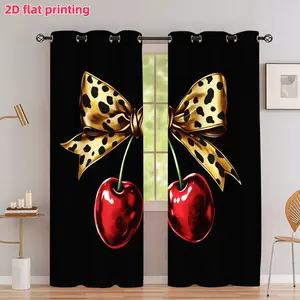 2D Flat 2Pcs Bold Leopard Print Bow Cherry Graphic Curtains, Trendy Red Fruit Black Background Window Drapes, Stylish Eyelet Grommet Panel, Semi Sunshade for Living Room Bedroom Home Decor, Accessory, Anti Privacy.