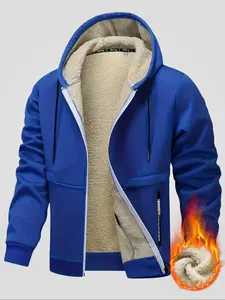 Men's Fitted Fleece Lined Zipper Jacket, Thermal Lined Jacket, Thick Heavy Coats, Casual Warm Knit Hooded Top with Plush Interior and Zippered Pockets, Ideal for Winter Daily Wear