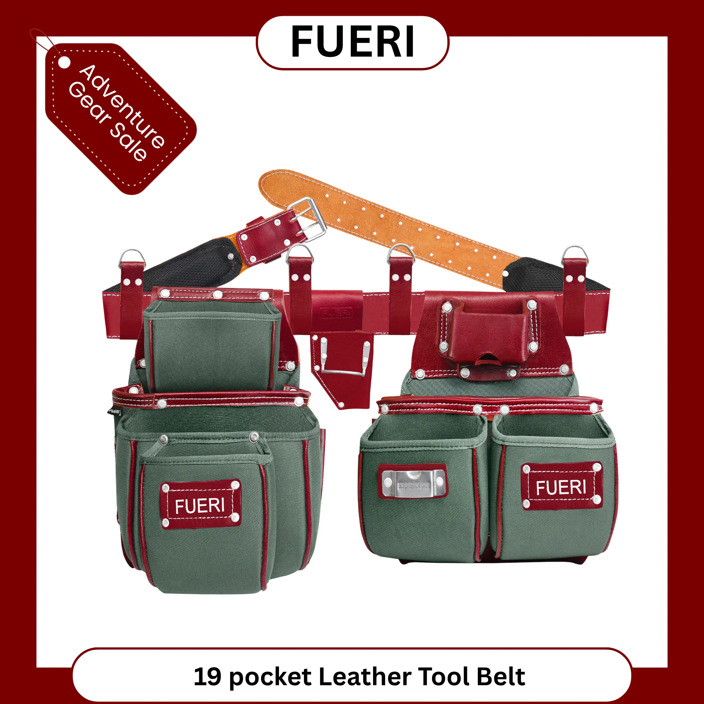 FUERI Nylon and Leather Tool Belt comes with 19 Pocket with Adjustable Foam Padded Belt,Heavy Duty Pouches, 4 D-Loops, and hammer holder for Carpenters & Electricians