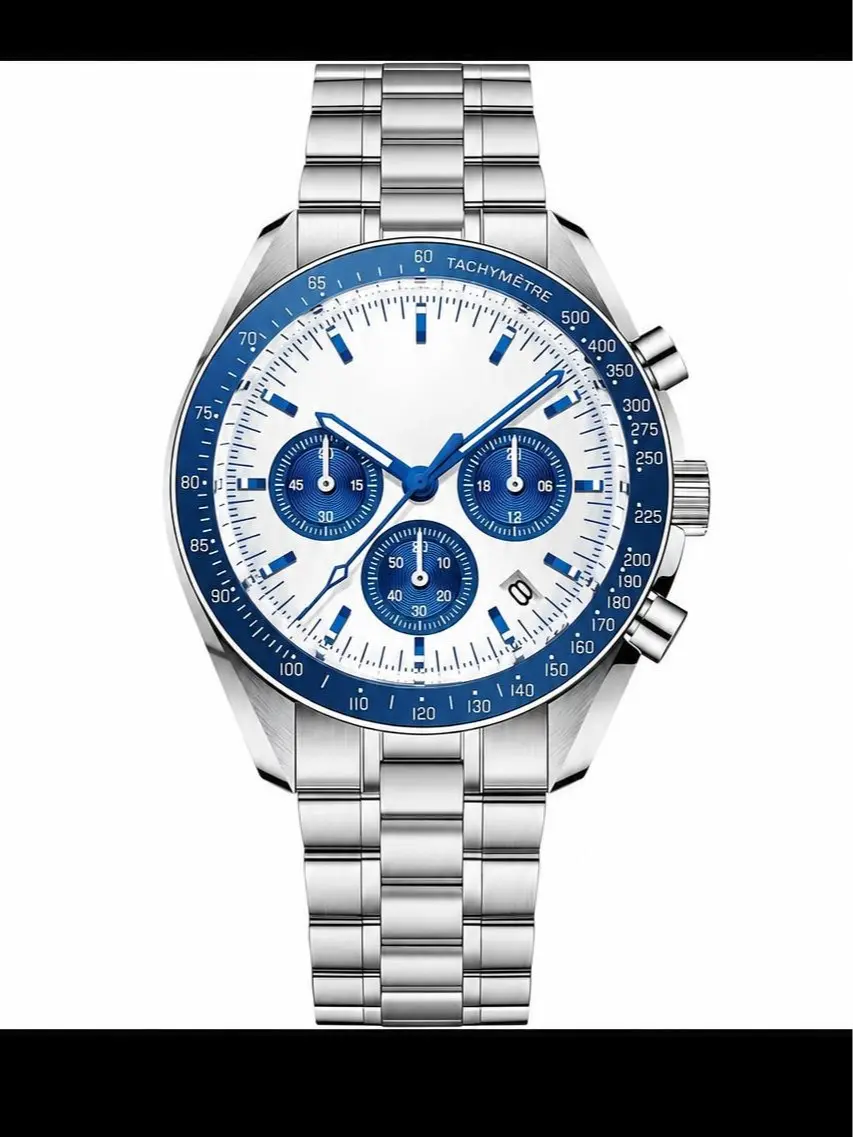 Men’s Blue & White Chronograph Watch – Stainless Steel Sports Wristwatch with Tachymeter Bezel