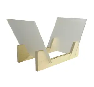 Vinyl Record Storage 25-Album Display Holder LP Organizer Tabletop LP Stand Pine Base & Frost Acrylic Frame 16983-CLEAR