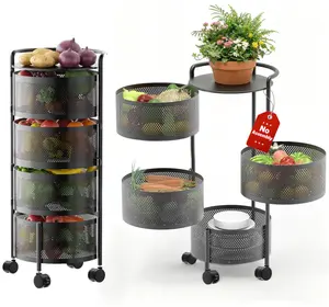 Fruit & Vegetable Storage Rack - 4-Tier Rotating Basket with Wheels - Solid Carbon Steel Kitchen Cart - Multi-Layer Stackable Wire Bin for Pantry & Home Organization No Assembly