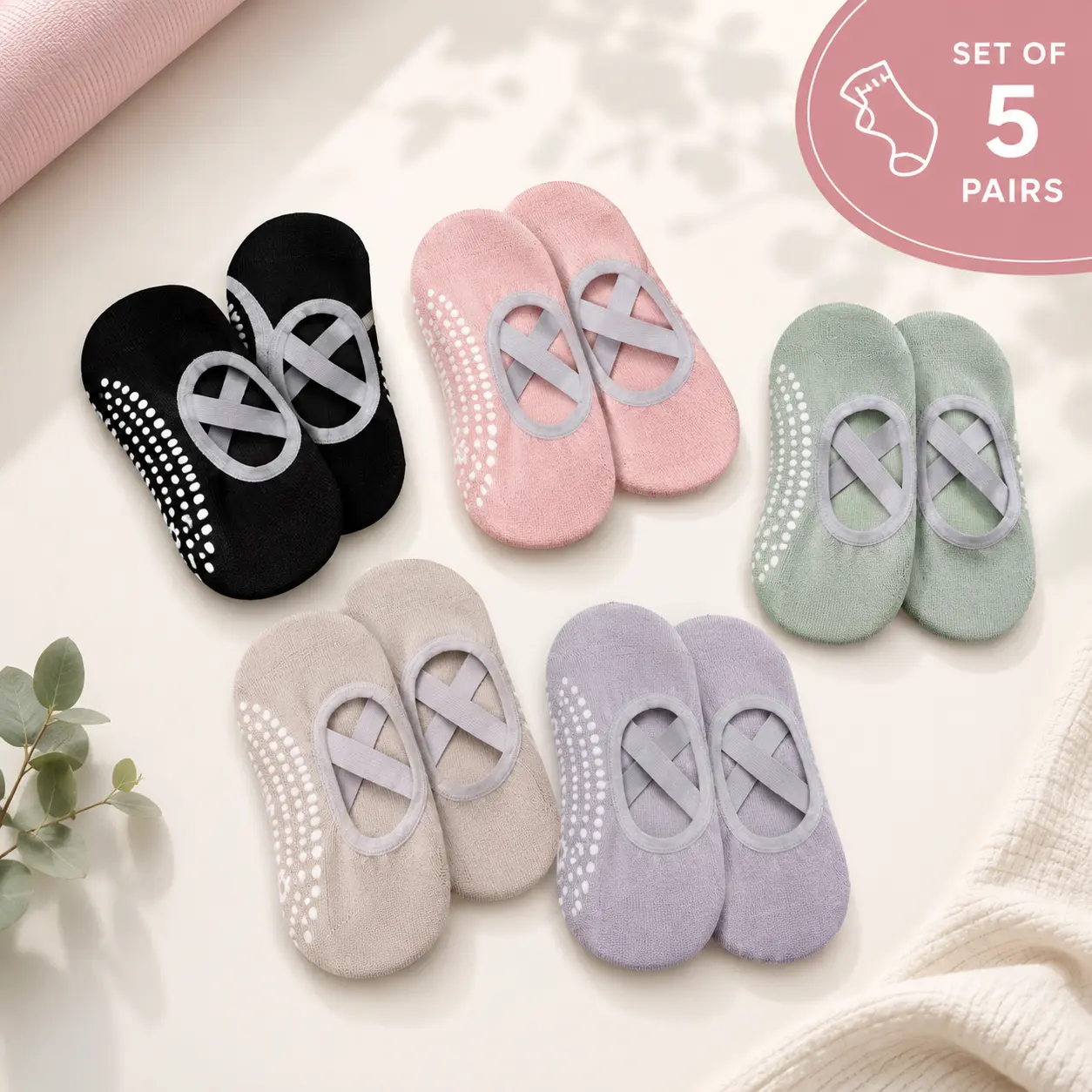 Women's 5-Pair Low Cut Cross-Strap Non-Slip Grip Yoga Socks - Ballet, Home Workout Use - Secure Fit, Breathable Fabric for Hospital & Sports Activities