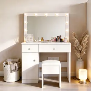 DAYAGO Makeup Vanity Set Chair with Big Lighted Mirror 3 Color Lighting Bulbs 2 Drawers Cabinet Hidden Storage Stool Charging Station for Bedroom