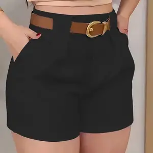 High-Waisted Pleated Polyester Women's Elegant Casual Shorts with Pockets, No Stretch, Ideal for Spring/Summer/Fall, Everyday Comfort - Womenswear Bottom Black Chic