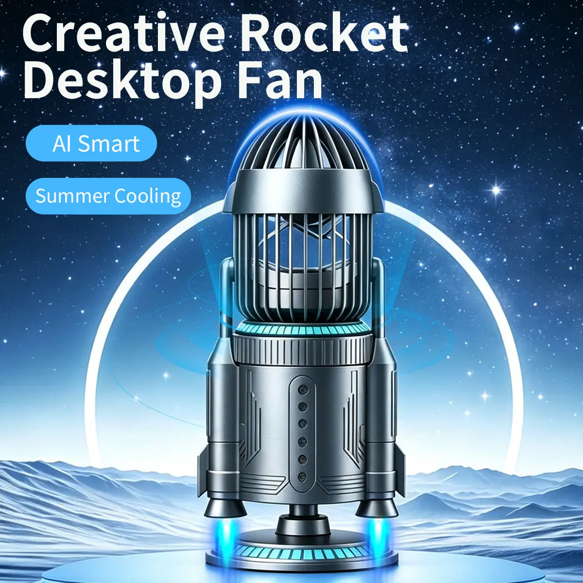 LAMJIE 3-in-1 Rocket RGB Mist Humidifier Desktop Fan, 5000mAh Battery-Powered Air Cooler with 180° Auto-Oscillation & Tilt, 10.5-Hour Runtime, USB-C Rechargeable, Quiet Personal Fan for Gaming Room Decor, Office Use, and Gifting