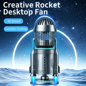 LAMJIE 3-in-1 Rocket RGB Mist Humidifier Desktop Fan, 5000mAh Battery-Powered Air Cooler with 180° Auto-Oscillation & Tilt, 10.5-Hour Runtime, USB-C Rechargeable, Quiet Personal Fan for Gaming Room Decor, Office Use, and Gifting