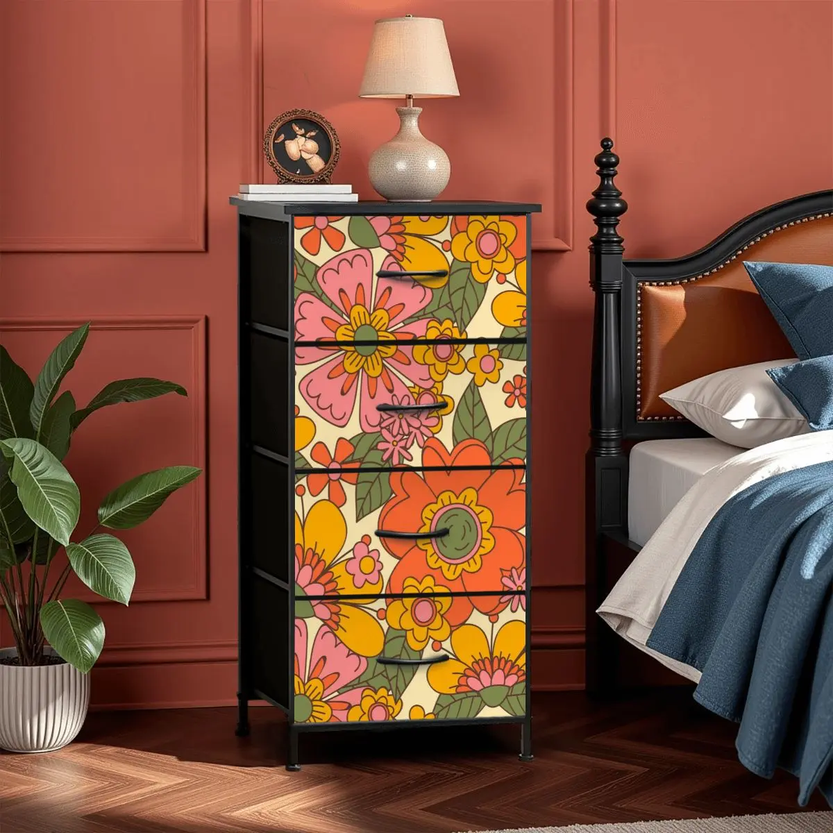 70s Retro Revival Flower Power Groovy Floral Mid Mod 4-Drawer Dresser