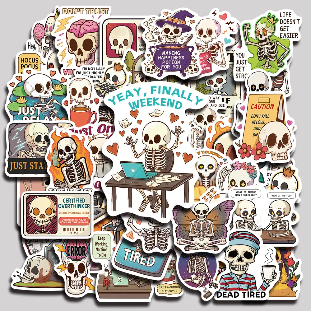 50PCS Cute Cartoon Skeleton Aesthetic Cartoon Die-Cut Waterproof Vinyl Decorative Stickers - Self-Adhesive Labels, Office Stationery Accessories for Planner, Journal Decoration & Cute Accessories Use