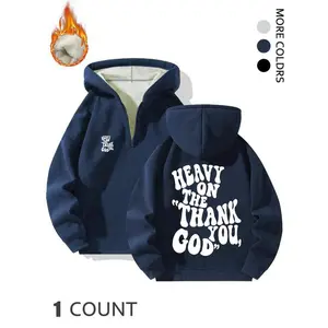TikTok Trending List | Religious Thanksgiving Style "Thank God" Fleece Lined Half-Zip Hoodie, Multiple Colors Available + Vintage Bubble Letter Slogan Print, Casual, Fashionable and Warm Item! Fleece lined design for winter cold resistance