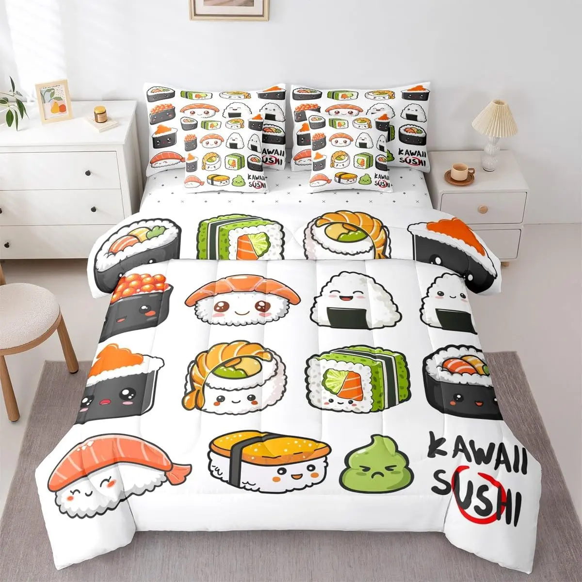 Feelyou 7-Piece Kawaii Sushi Pattern Matching Bedding Set - Japanese Bed-in-A-Bag with Comforter, Bedsheet Sets, Cool Soft Sheets, Food-Themed Cute Cartoon Decor for Halloween, Thanksgiving Bedrooms, Bedding Sets Collections