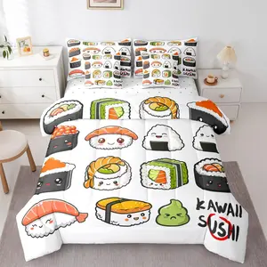 Kawaii Sushi Pattern 7 Pcs Bedding Set,Japanese Style Comforter Set with Sheets, Food Theme Bed in A Bag,Cute Cartoon Bedroom Decor