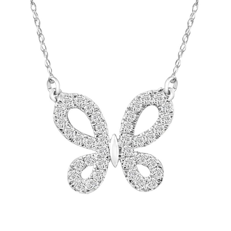 1/2Ct Natural Diamond Butterfly Pendant 10k White Gold Women's 18" Necklace