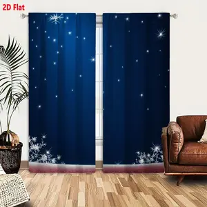 2D Flat Dark Blue Night Sky with Twinkling Stars & Snowflake Frost Horizon Curtain 2-Piece Set, Wintry Festive Winter Night Snowfall Themed Room Decor Curtains, Serene Cold Atmosphere Bedroom Living Room Drapes