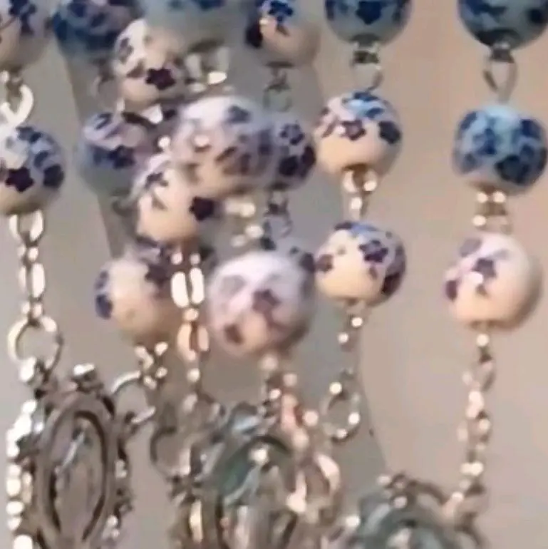 Porcelain Blue-and-White Floral Beaded Rosary, Fashion Costume Jewelry Necklace, Bead Decorated Necklaces, Blue Flower-Shaped Necklaces Beaded Necklaces Boho Style Beaded