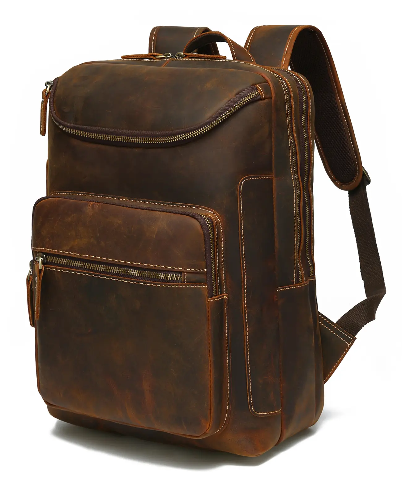 LANNSYNE Full Grain Leather Backpack For Men, 15.6" Leather Laptop Backpack Hiking Travel Bag Camping Rucksack Weekender Organizer Business Trip