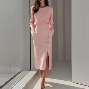 Elegant Commute Long-sleeved Round Neck Waist-tie Button-decorated Slit Women's Dress in Pink Mid-Length Polyester