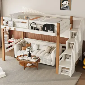 [Bellemave] Wood Loft Bed| Storage Stairs & Shelves| Clothes Hooks & Ample Under-Bed Space| Safety Guardrail for Boys Girls| Easy Assembly