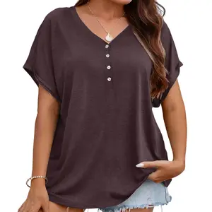 Chulianyouhuo 2026 Plus Size Basic Tops for Women Summer V Neck Shortsleeve  Shirts Button Casual Loose Fit Blouse Womenswear Minimalist