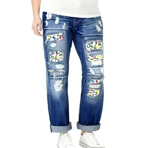 Christmas String Light Print DIY Handmade Drill Hole Mid Waist Straight Leg Jeans Women's Pants with Festive Embroidery Bottoms Casual