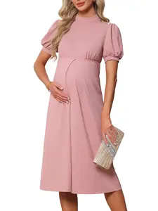 INSPIRE CHIC Women's Maternity Work Dresses Formal Office Mock Neck Puff Sleeve A-Line Church Business Pregnancy Dress