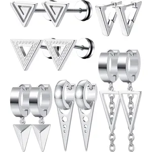 Sanfenly 6 Pairs of Stainless Steel Suspended Triangle Earrings for Men and Women Set Geometric Punk Kpop Huggie Hinge Hoop Earrings