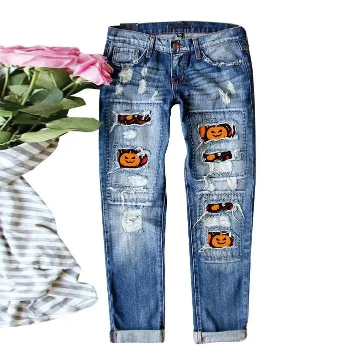 Maomous Lady's Slim Graphic Skater Jeans - Women's Halloween Cotton-Polyester Denim Bottoms, Unique Prints, Printed Patches, Streetwear Holes, Casual Chic Love Overalls, Blue, All Seasons, Machine Washable