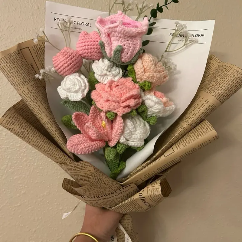 Vintage Bloom Crochet Flower Arrangement – Handmade Gift Bouquet Whimsical Roses