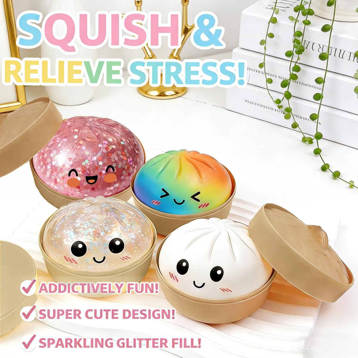 Glitter Dumpling Squishy with Steamer Box, Soft Sensory Squeeze Toy for Stress Relief, Mystery Glitter Dumplings, Decompression Dough