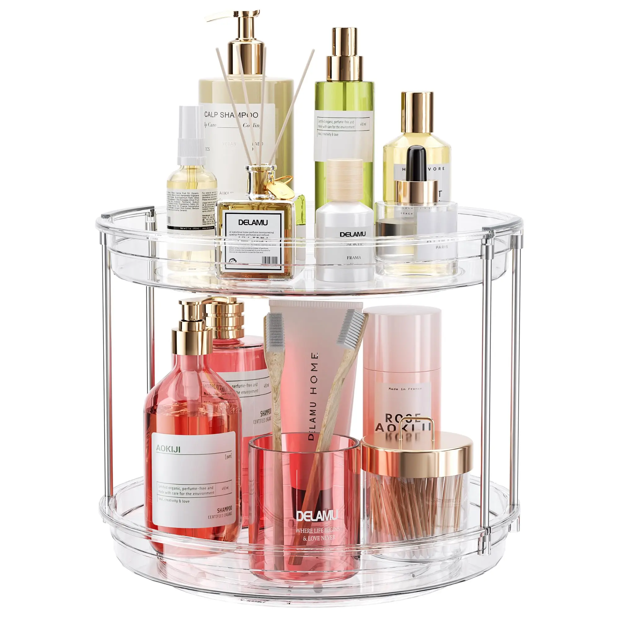 360 Rotating Makeup Organizer, 2 Tier 9.25" Clear Acrylic Lazy Susan, Non-Skid Turntable Organizer for Cabinet, Vanity Makeup, Kitchen, Pantry Organization Storage, Refrigerator, Bathroom Countertop