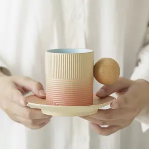 Handcrafted Ribbed Stoneware Coffee Cup Set – 180ml Minimalist Mug with Wooden Ball Handle, Pastel Pink & Blue Interior, Japanese Style Tea Cup & Saucer
