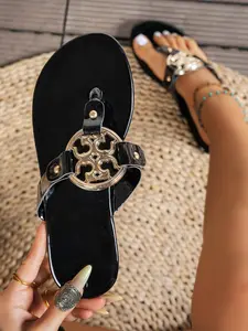 Women's Glossy Leather Metal Logo Sandals, Summer Casual Flat Flip Flops, Beach Pool Non-Slip Outdoor Slippers, Comfortable Footwear