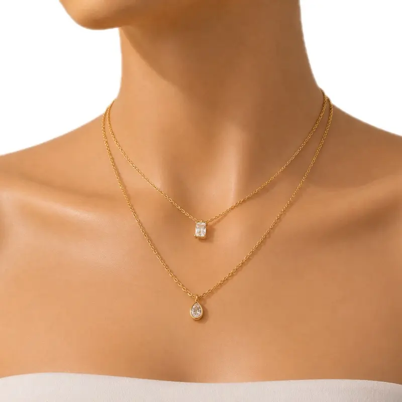 Women's 18K Gold Plated Double Layer Teardrop & Emerald Cut Pendant Necklace, Stainless Steel, Waterproof