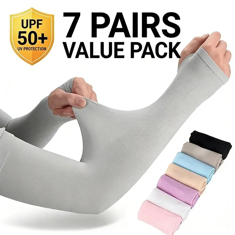 7-Pair UV Protection Cooling Armsleeves for Men - Thumb Holes, Soft Fabric, Upper Arm Sleeve for Outdoor Sports, Cycling Golf Activities