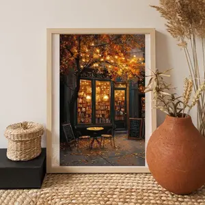 Autumn Coffee Shop Fall Print - Vintage Moody Bookstore Art Poster For Cozy Cafe - Thanksgiving Decor Wall Art