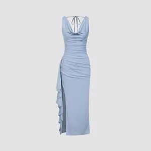 Cider Women's Casual Cowl Neck Ruffle Hem Split Backless Maxi Dress (Size 0-10)