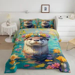 Otter Floral Comforter Set,River Otter Natural Wild Animal Bedding Set for Kids Teens Bedroom,Watercolor Blooming Flowers Daisy Spring Quilt Set