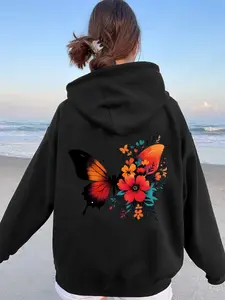 Women's Casual Fashion Loose Cartoon Butterfly Floral Print Hoodie, Fall & Winter Fitted Kint Fabric, Moderate Thickening Flower Hoodies