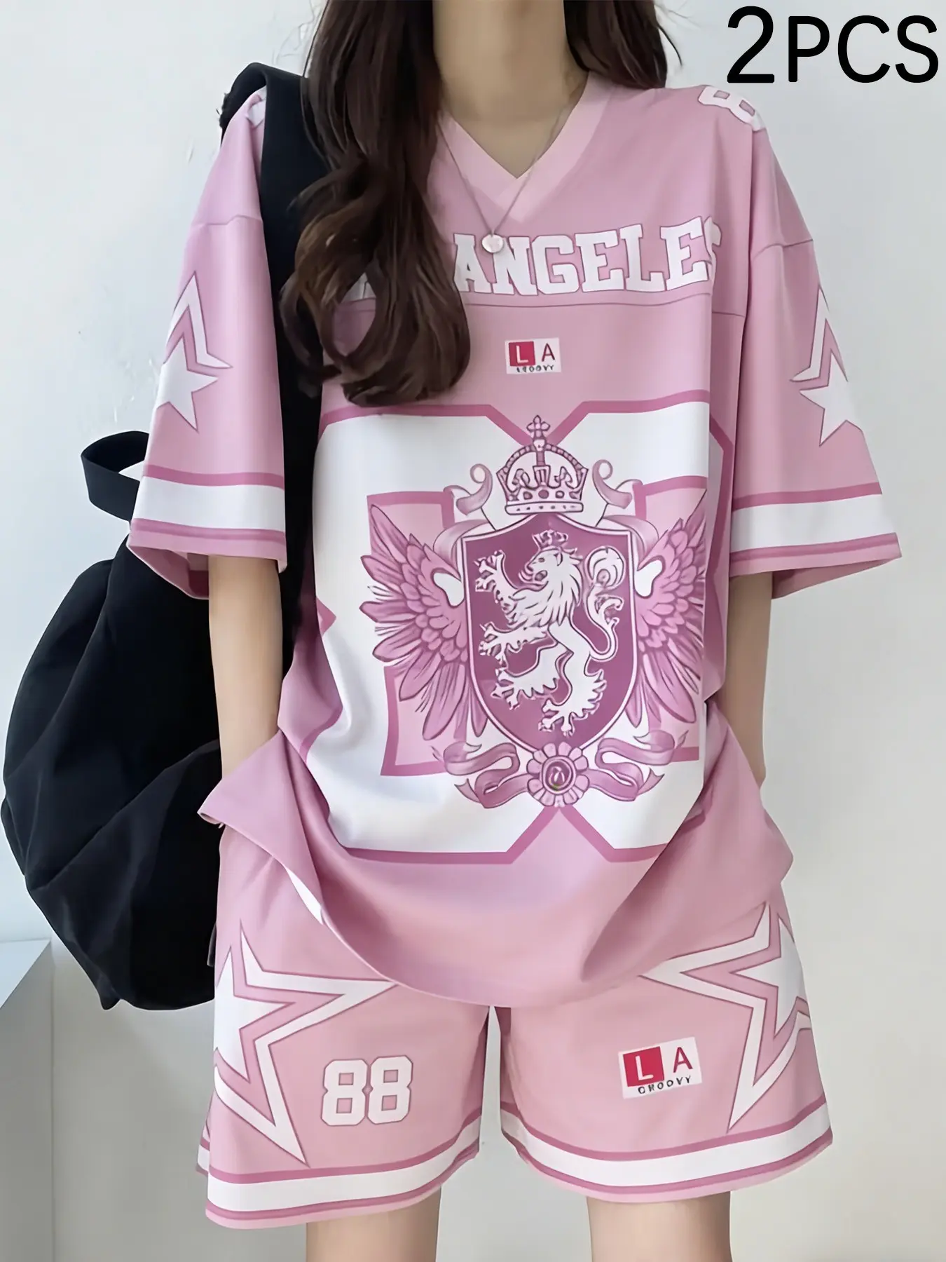 Women's Los Angeles 88 Graphic Two Piece Outfit 2026 Trendy V Neck Short Sleeve Football Jersey and Drawstring Shorts Set Y2K Streetwear Sporty Casual Going Out Outfits Soft Comfy Multi Color Available