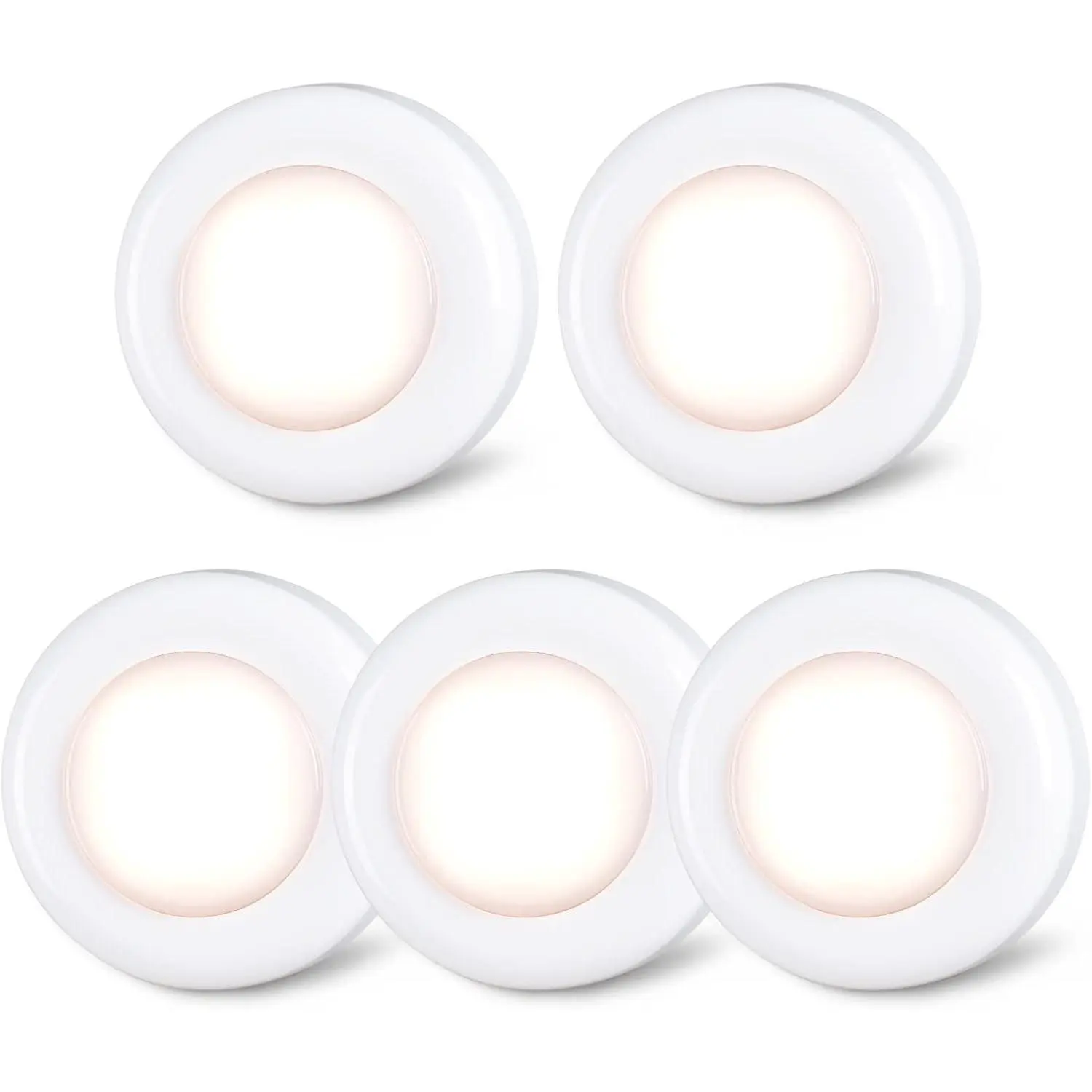 5-Pack 2.8" Plastic 0.8W Warm White LED Push-Tap Touch Puck Lamps, AAA Battery-Operated Portable Stick-On Lights, DIY Under Cabinet Lighting for Wardrobe, Drawer, Classroom (Home Improvement Indoor Lighting for Seniors)