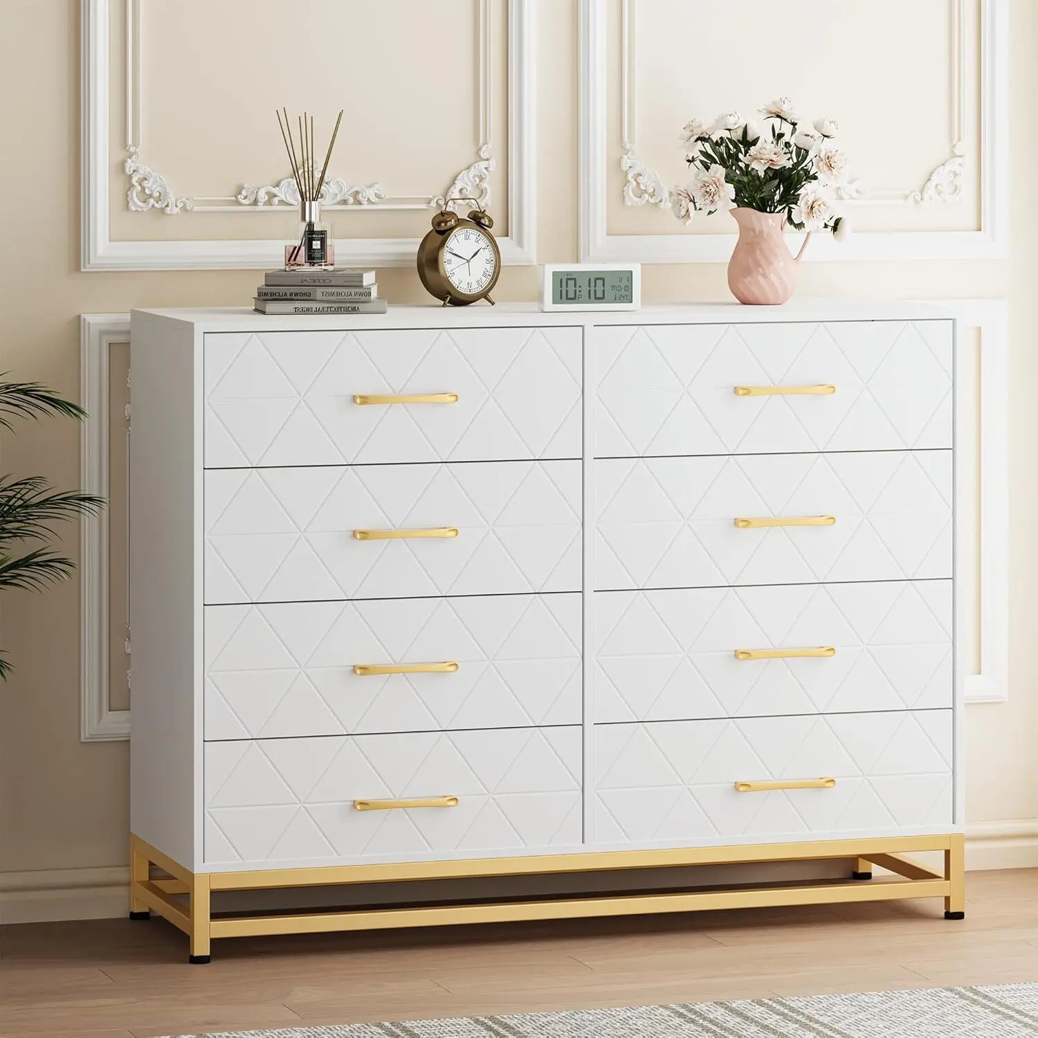 White 8-Drawer Bedroom Dresser - Compact High-Capacity Clothes Storage Cabinet, Sideboard Cabinet, Waterproof, Smooth Slides, Simple Look, Assembly Required, Easy Setup, Bedroom & Living Room Organizer