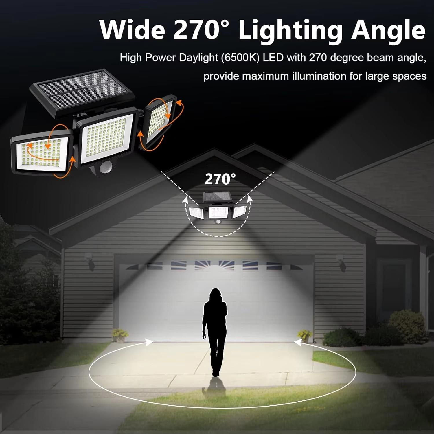 Solar Outdoor Lights 210 LED Security Lights with Remote Control 3 Heads Motion Sensor Lights270° Wide Angle Flood Wall Lights