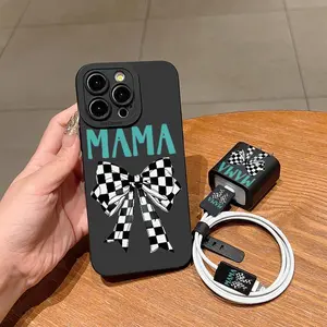 5 Piece Plaid Mama Bow Pattern Phone Case Set, Includes Charger Headset and Cable Protector, TPU Shockproof Case for iPhone 6/7/8/X and more