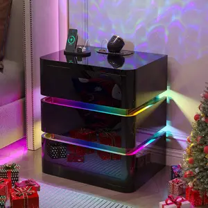 FREDEES  3-Drawer Nightstand With Charging Station And Motion Sensor Rgb Light, Curved Profile Design, No Assembly Required