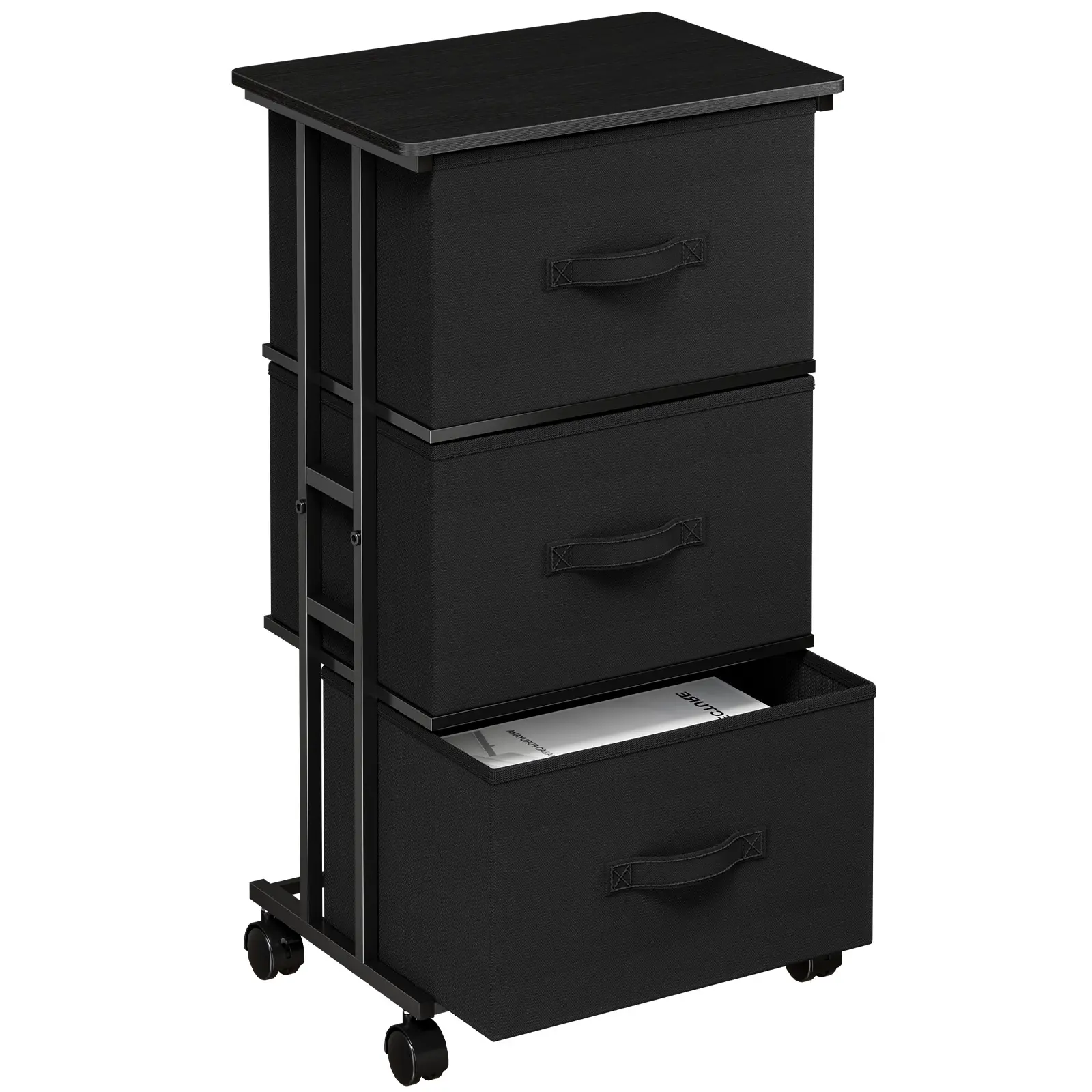 Sweetcrispy 3-Drawer Fabric Bin Chest of Drawers with Locking Wheels - Sturdy Steel Frame Storage Cabinet for Bedroom, Nursery, Easy Setup, Clothing Organization