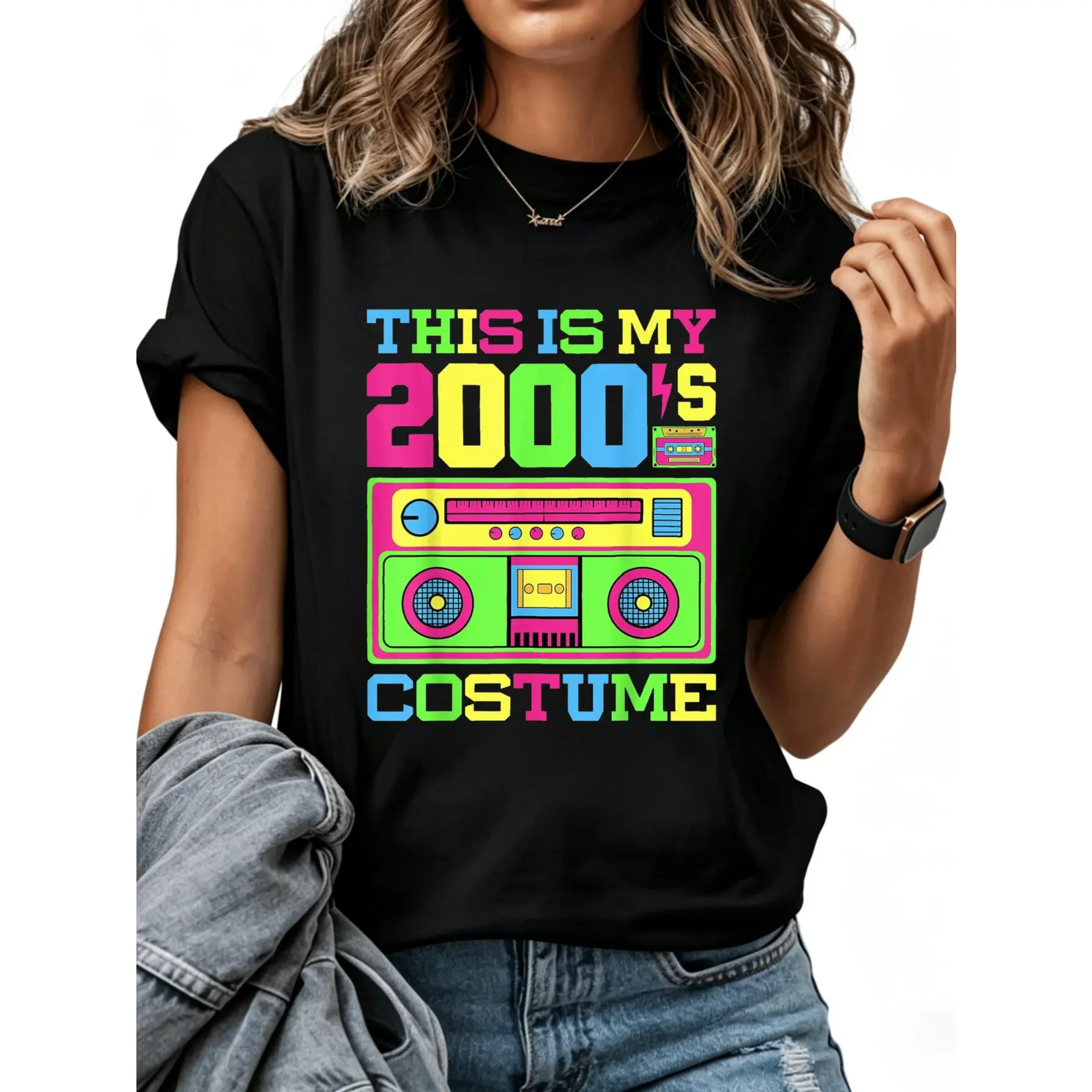 Unisex 2000s Costume T-Shirt, Funny Graphic Print Short Sleeve Top in 100% Cotton for Men and Women, Bottoms