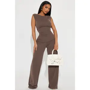 Amaya Ribbed Pant Set - Brown