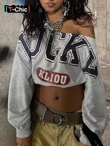 DOUCIU  Trendy Personality High Street Cool Hip-Hop Casual Streetwear Versatile Women'S Letter Printing Cross-Shoulder Long Sleeves Short Crop-top T-Shirt