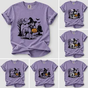 Comfort Colors Halloween Dog 30+ Breeds Tshirt - Cute Dogs Wearing Witch Hats And Carrying Jack O Lantern Pumpkin Buckets With Haunted House Moon Bats Bare Tree Graphic Art, Spooky Season Fall Party Tee, Halloween Gift For Dog Moms and Pet Owners