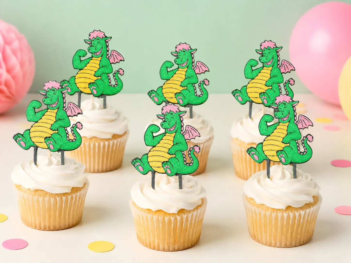 Elliot- Pete's Dragon Cupcake Toppers - Green and Yellow Dragon Design for Festive Celebrations